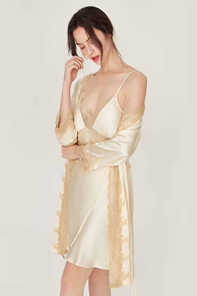 100% Mulberry Silk Lingerie Set Lace Slip Dress with Built-in Bra & Nightgown & Robe Set 2Pcs