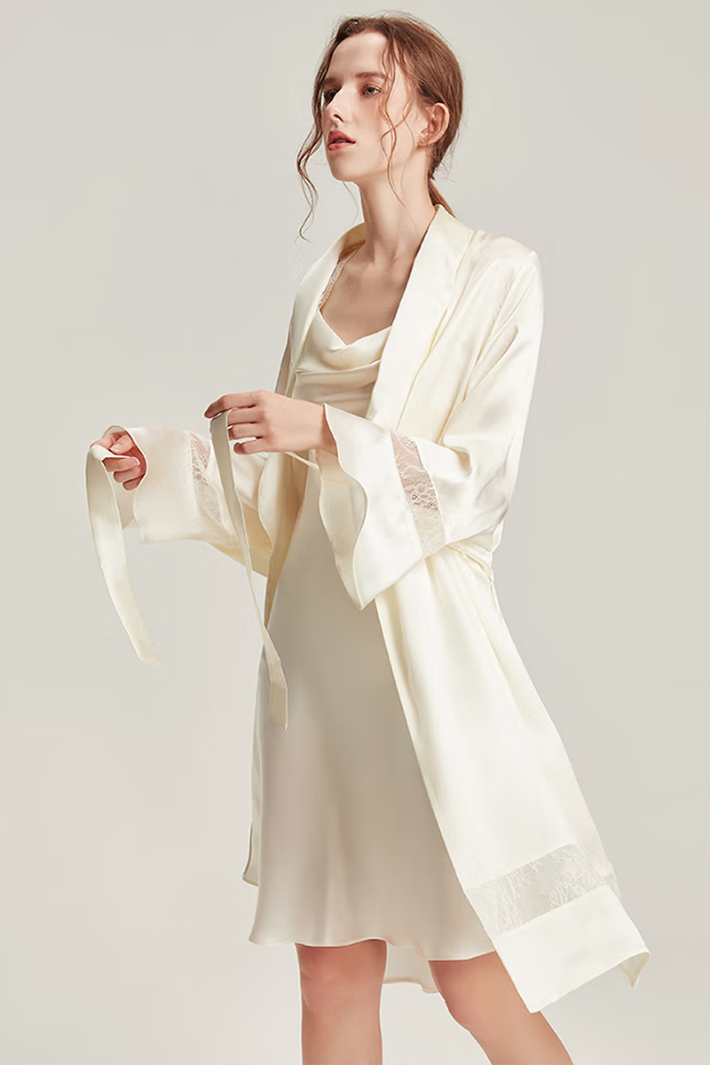 100% Mulberry 6A Grade Mulberry Silk Cowl Neck Nightgown & Robe Set Women Loungewear