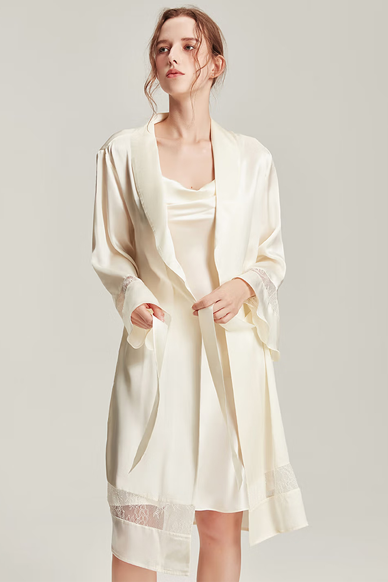 100% Mulberry 6A Grade Mulberry Silk Cowl Neck Nightgown & Robe Set Women Loungewear