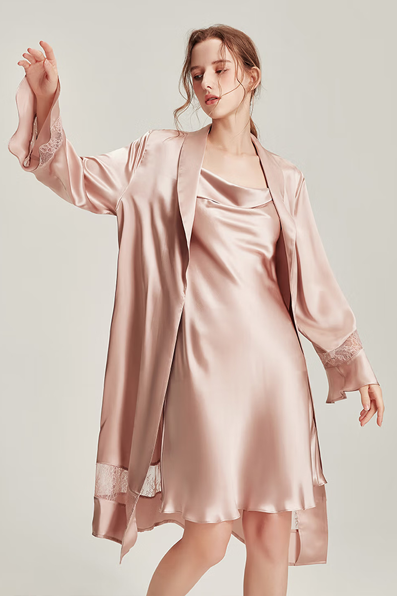 100% Mulberry 6A Grade Mulberry Silk Cowl Neck Nightgown & Robe Set Women Loungewear