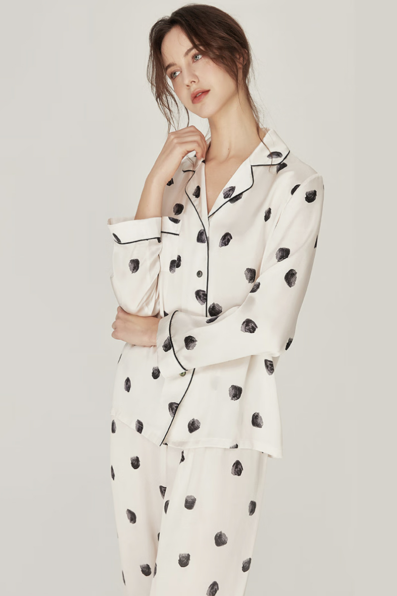 100% Mulberry Silk Polka Dot Long Sleeve Pajamas Set