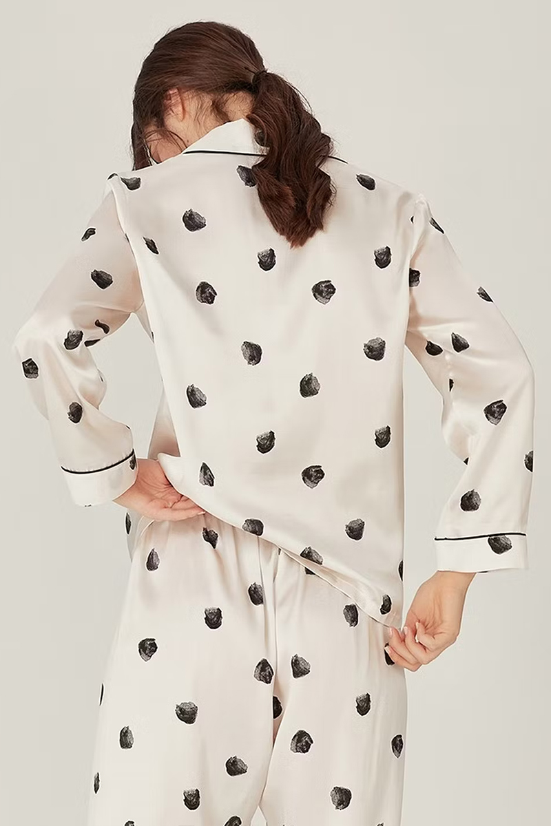 100% Mulberry Silk Polka Dot Long Sleeve Pajamas Set