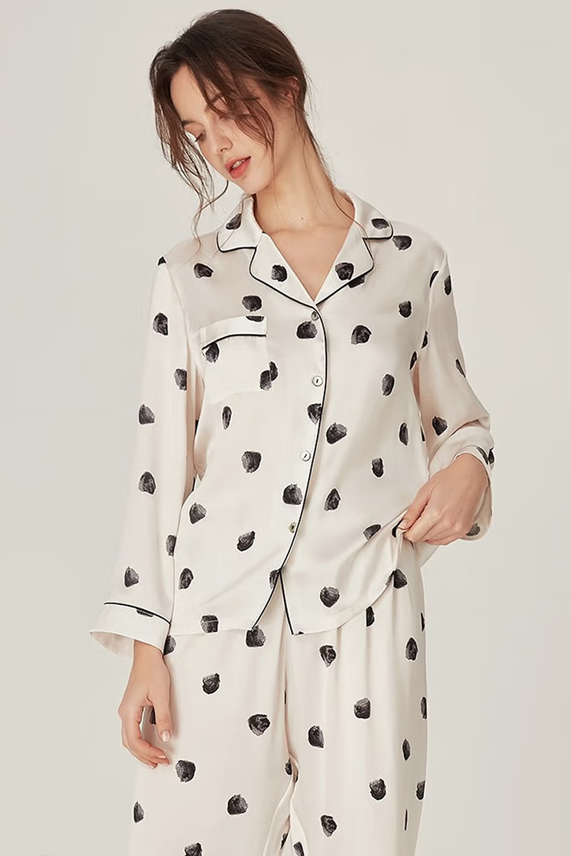 100% Mulberry Silk Polka Dot Long Sleeve Pajamas Set