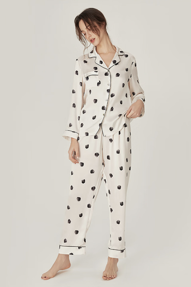 100% Mulberry Silk Polka Dot Long Sleeve Pajamas Set