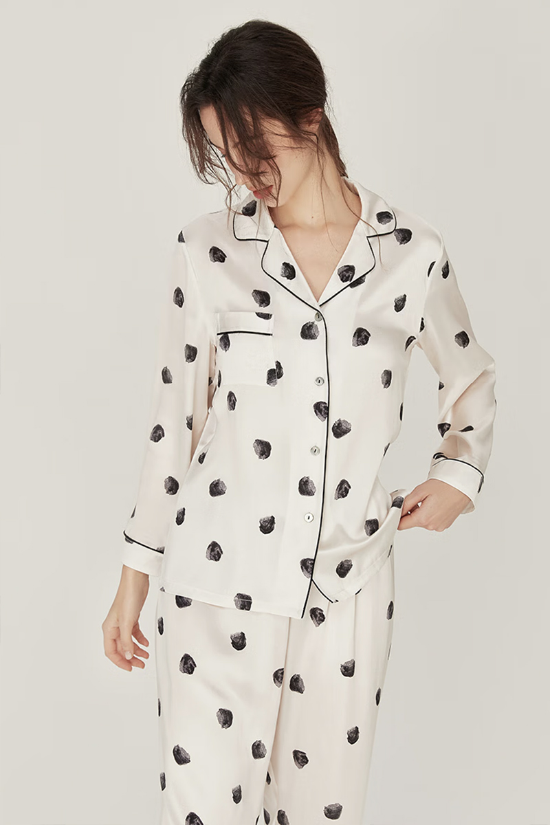 100% Mulberry Silk Polka Dot Long Sleeve Pajamas Set