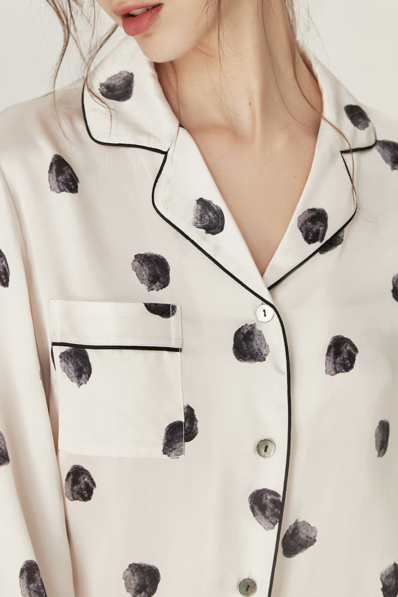 100% Mulberry Silk Polka Dot Long Sleeve Pajamas Set