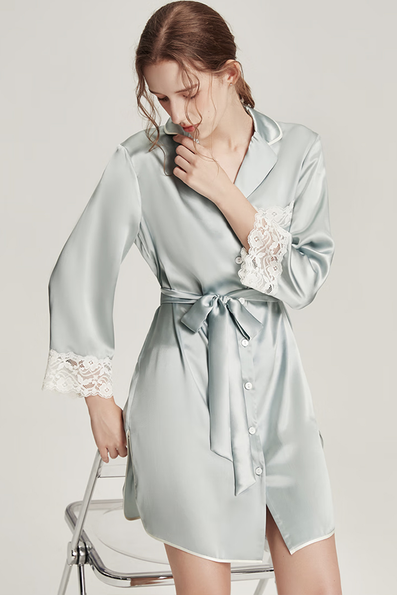 100% Mulberry Silk Long Sleeve Shirt Dress Lace Nightshirt