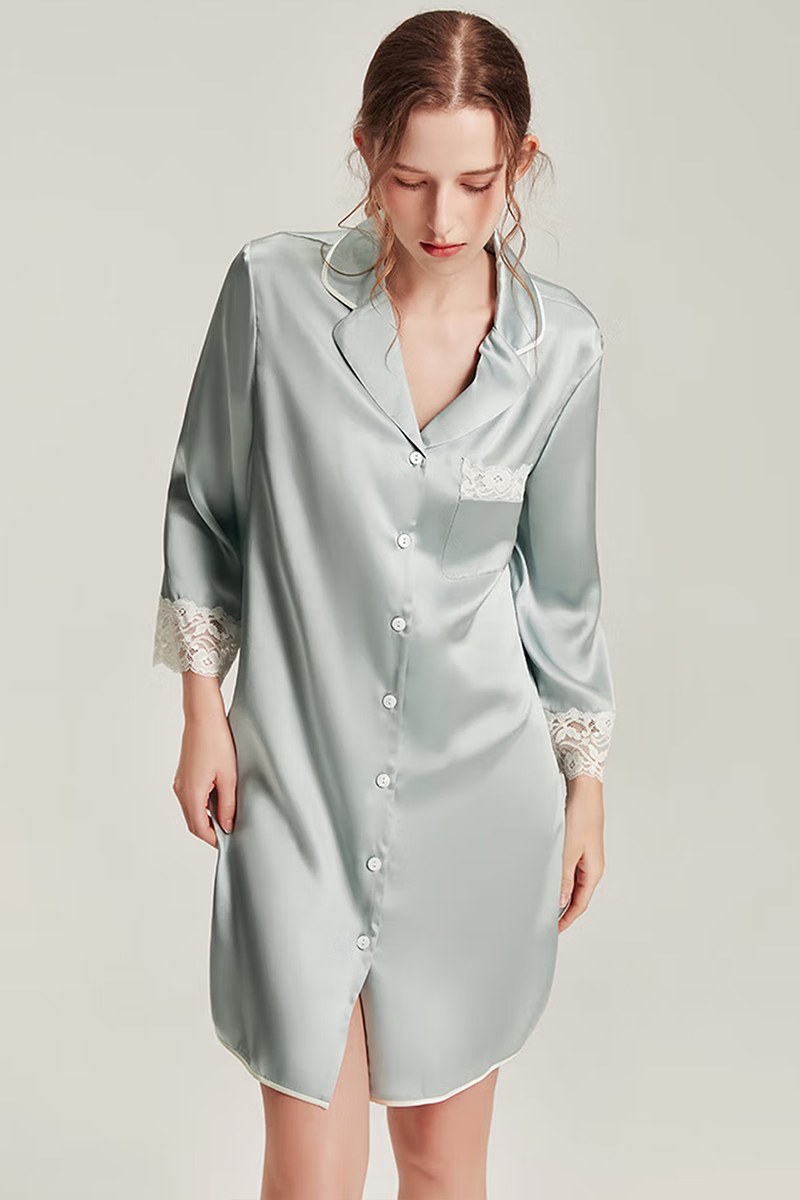 100% Mulberry Silk Long Sleeve Shirt Dress Lace Nightshirt