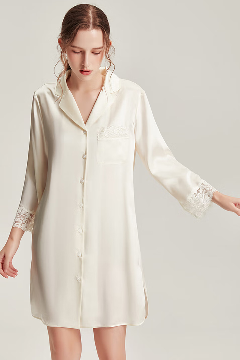 100% Mulberry Silk Long Sleeve Shirt Dress Lace Nightshirt