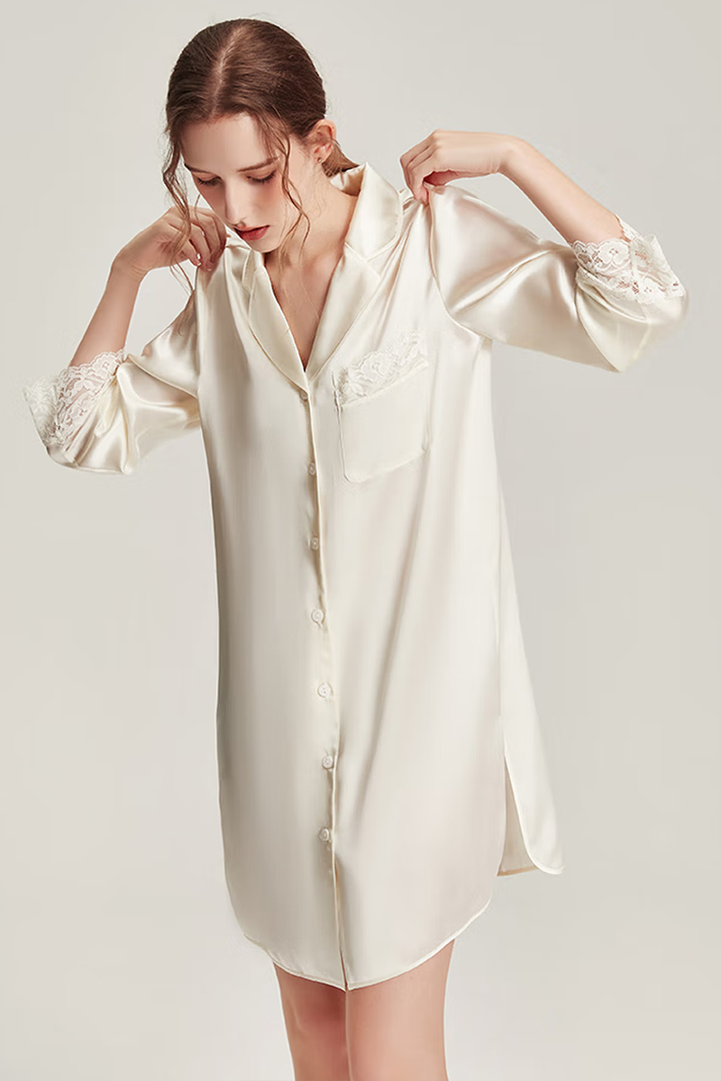 100% Mulberry Silk Long Sleeve Shirt Dress Lace Nightshirt