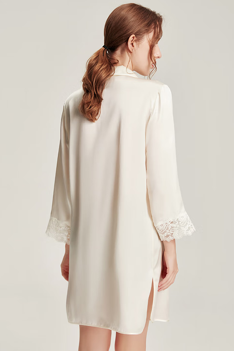 100% Mulberry Silk Long Sleeve Shirt Dress Lace Nightshirt