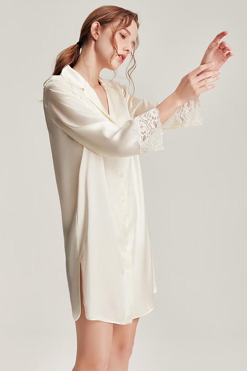 100% Mulberry Silk Long Sleeve Shirt Dress Lace Nightshirt