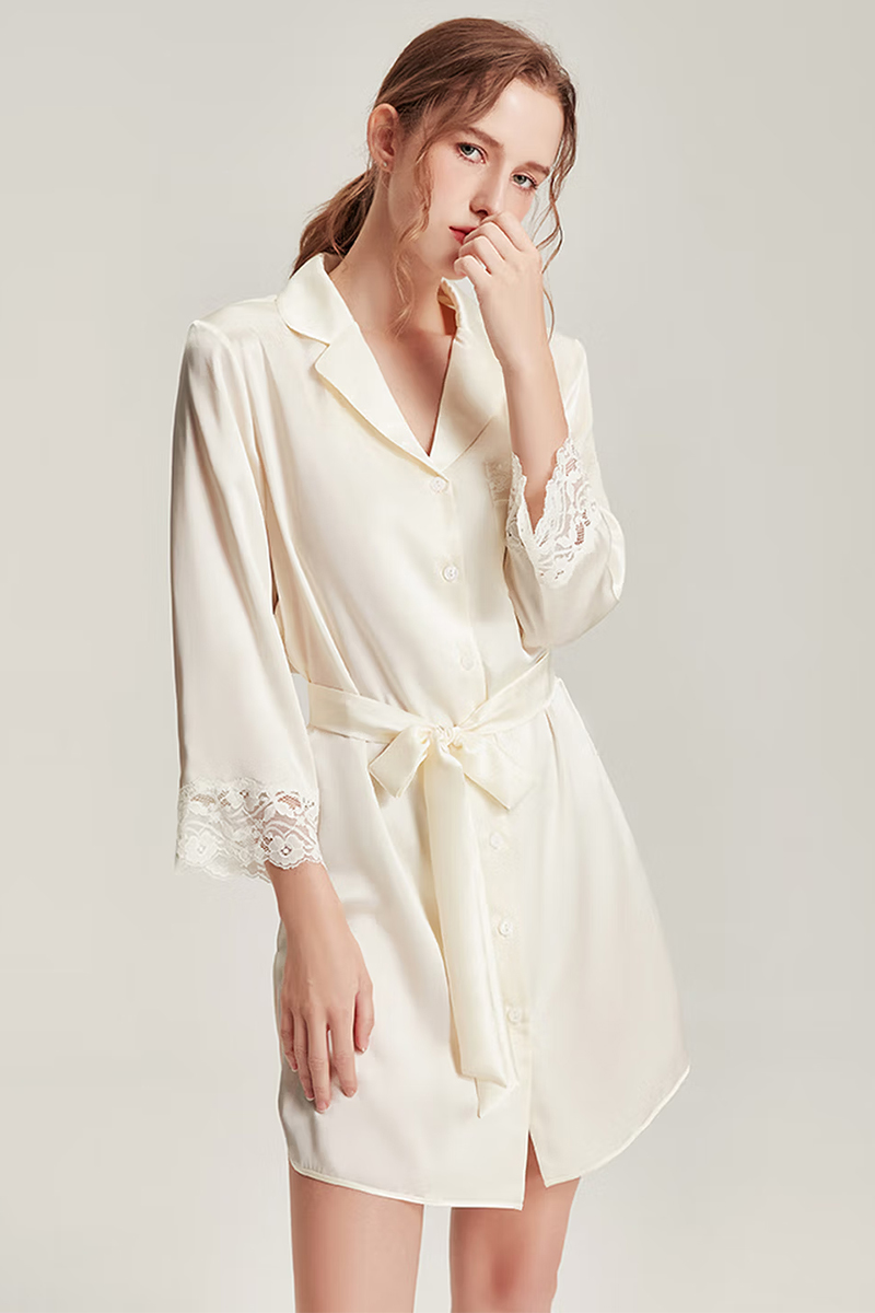 100% Mulberry Silk Long Sleeve Shirt Dress Lace Nightshirt
