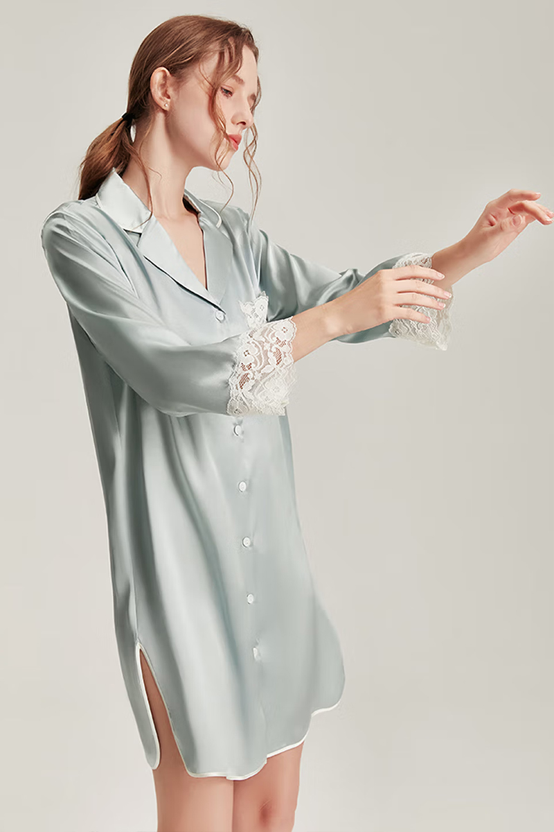 100% Mulberry Silk Long Sleeve Shirt Dress Lace Nightshirt