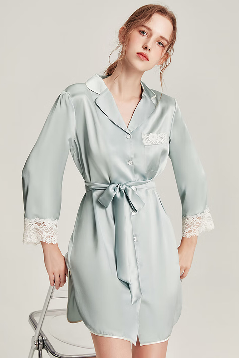 100% Mulberry Silk Long Sleeve Shirt Dress Lace Nightshirt