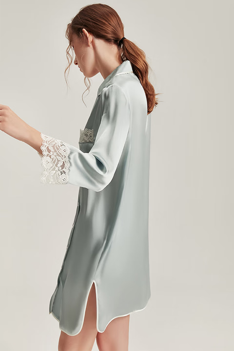 100% Mulberry Silk Long Sleeve Shirt Dress Lace Nightshirt