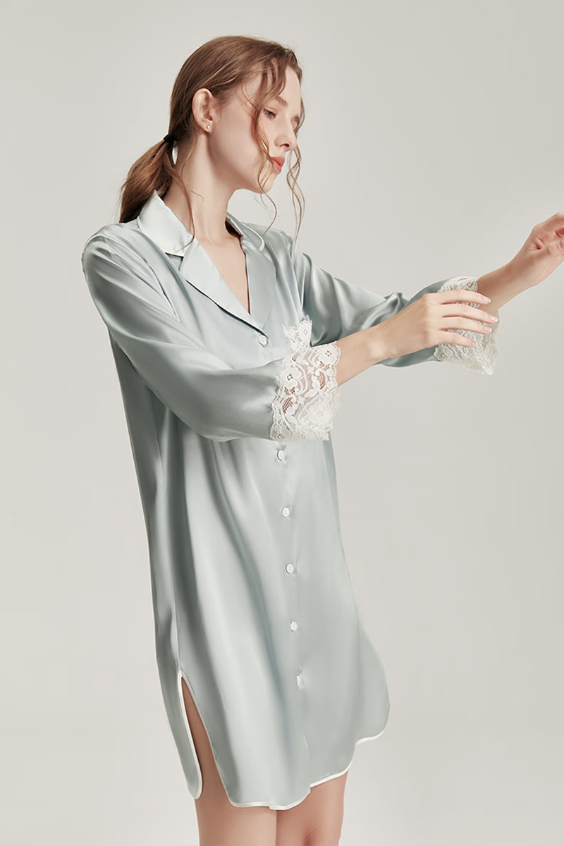 100% Mulberry Silk Long Sleeve Shirt Dress Lace Nightshirt