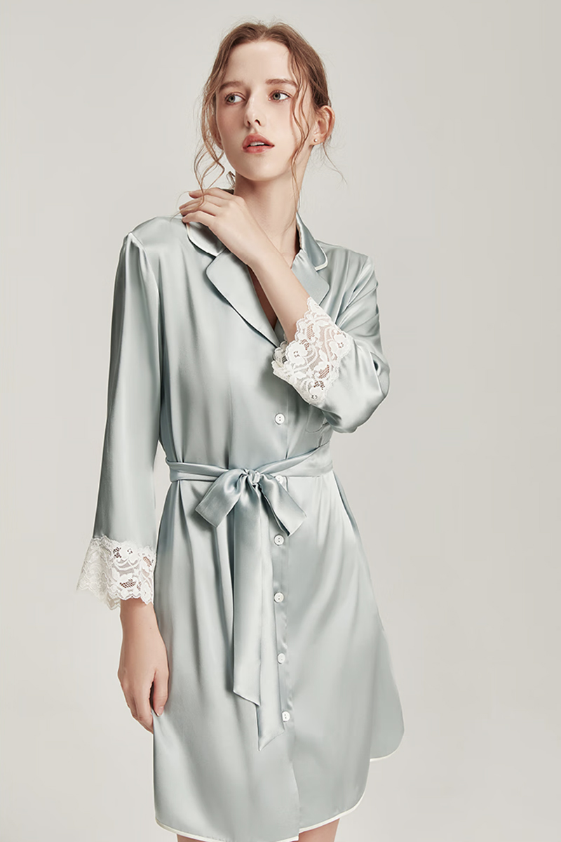 100% Mulberry Silk Long Sleeve Shirt Dress Lace Nightshirt