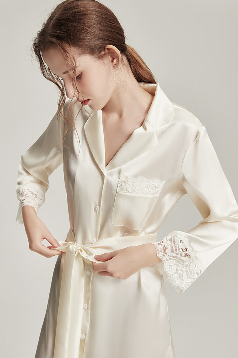 100% Mulberry Silk Long Sleeve Shirt Dress Lace Nightshirt