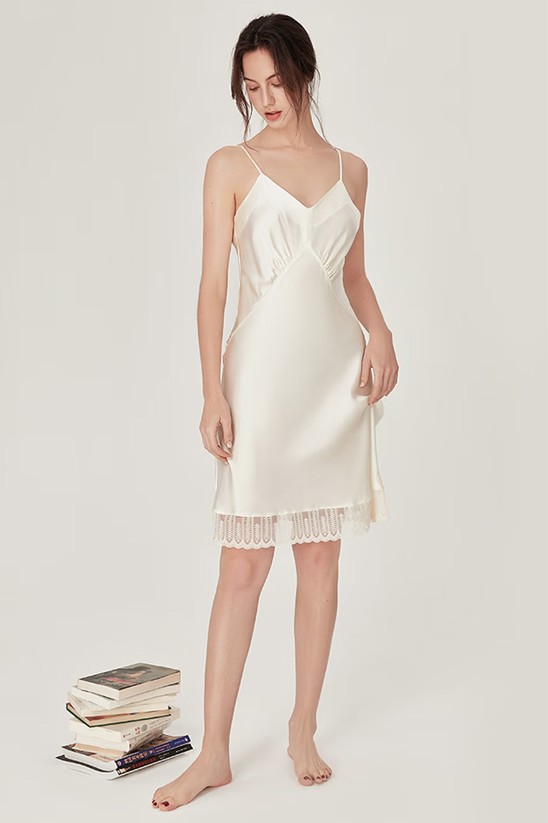 100% Mulberry Silk V-Neck Lace Spliced Slip Nightgown