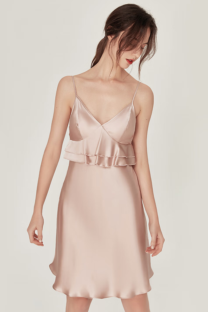 100% Mulberry Silk Slip Dress with Built-in Bra Sexy Camisole Nightgown