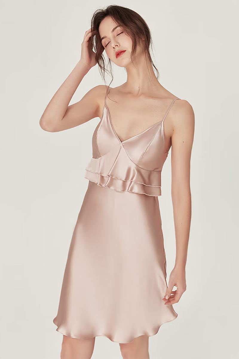 100% Mulberry Silk Slip Dress with Built-in Bra Sexy Camisole Nightgown