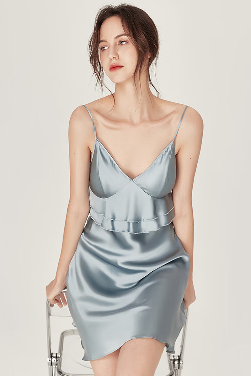 100% Mulberry Silk Slip Dress with Built-in Bra Sexy Camisole Nightgown