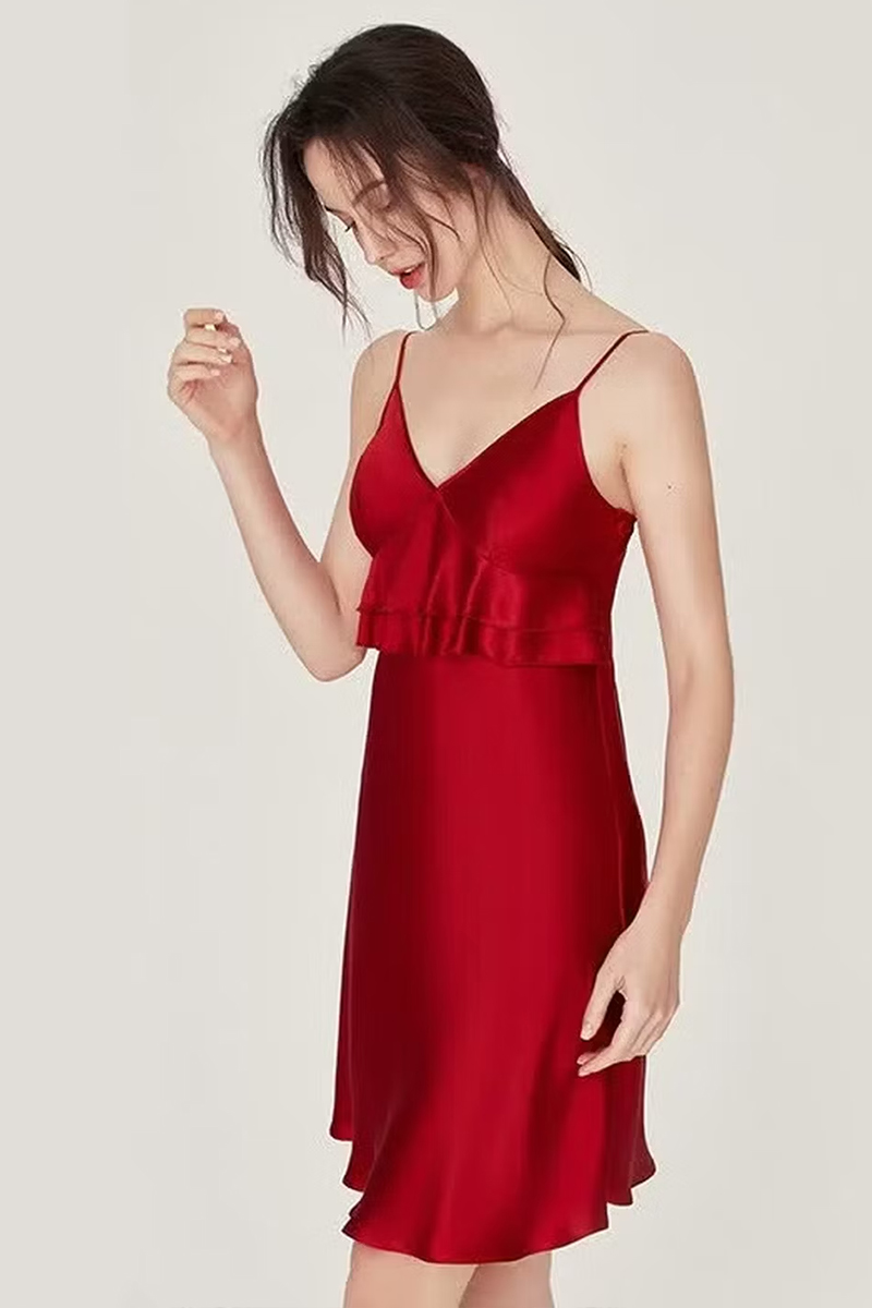 100% Mulberry Silk Slip Dress with Built-in Bra Sexy Camisole Nightgown