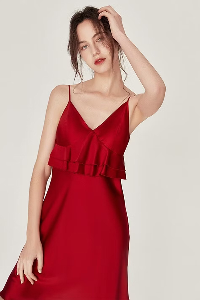 100% Mulberry Silk Slip Dress with Built-in Bra Sexy Camisole Nightgown