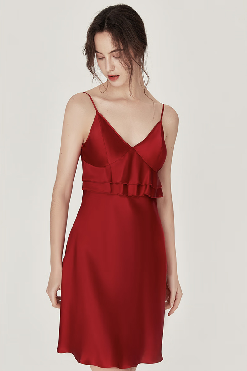 100% Mulberry Silk Slip Dress with Built-in Bra Sexy Camisole Nightgown