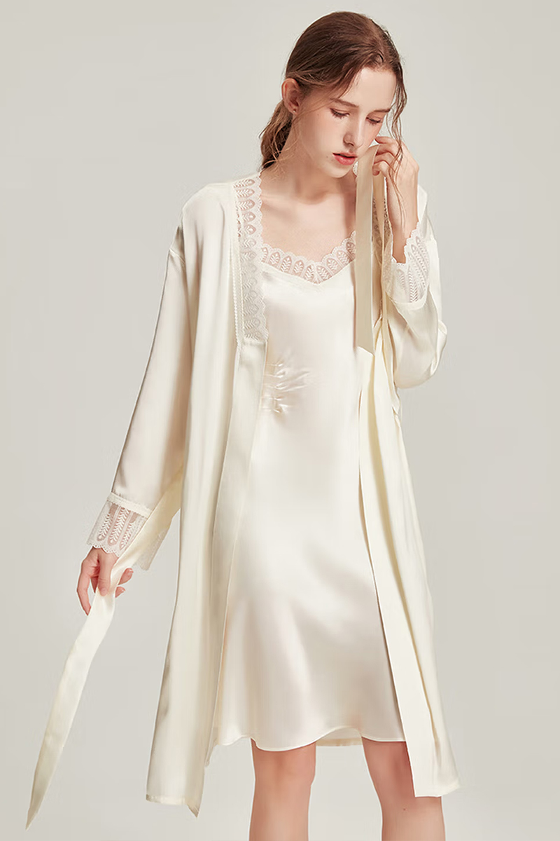 100% Mulberry Silk Elegant Silk Morning Robe Set Women Sleepwear