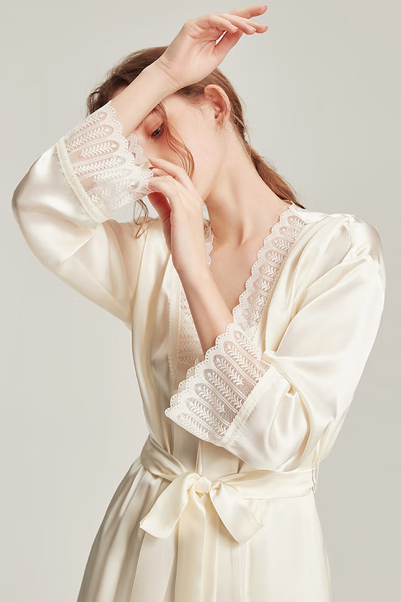100% Mulberry Silk Elegant Silk Morning Robe Set Women Sleepwear