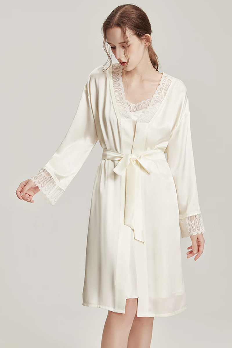 100% Mulberry Silk Elegant Silk Morning Robe Set Women Sleepwear