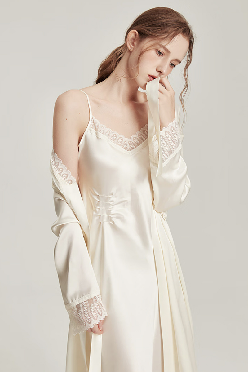 100% Mulberry Silk Elegant Silk Morning Robe Set Women Sleepwear