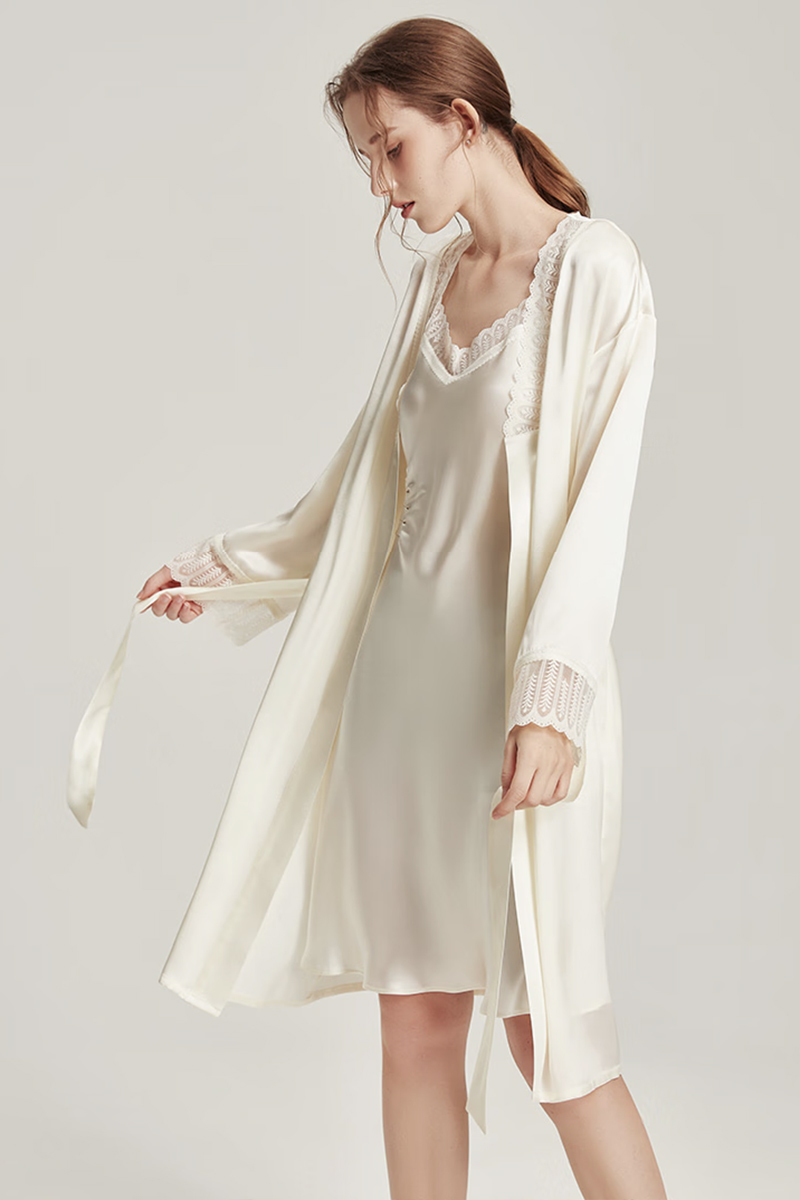 100% Mulberry Silk Elegant Silk Morning Robe Set Women Sleepwear