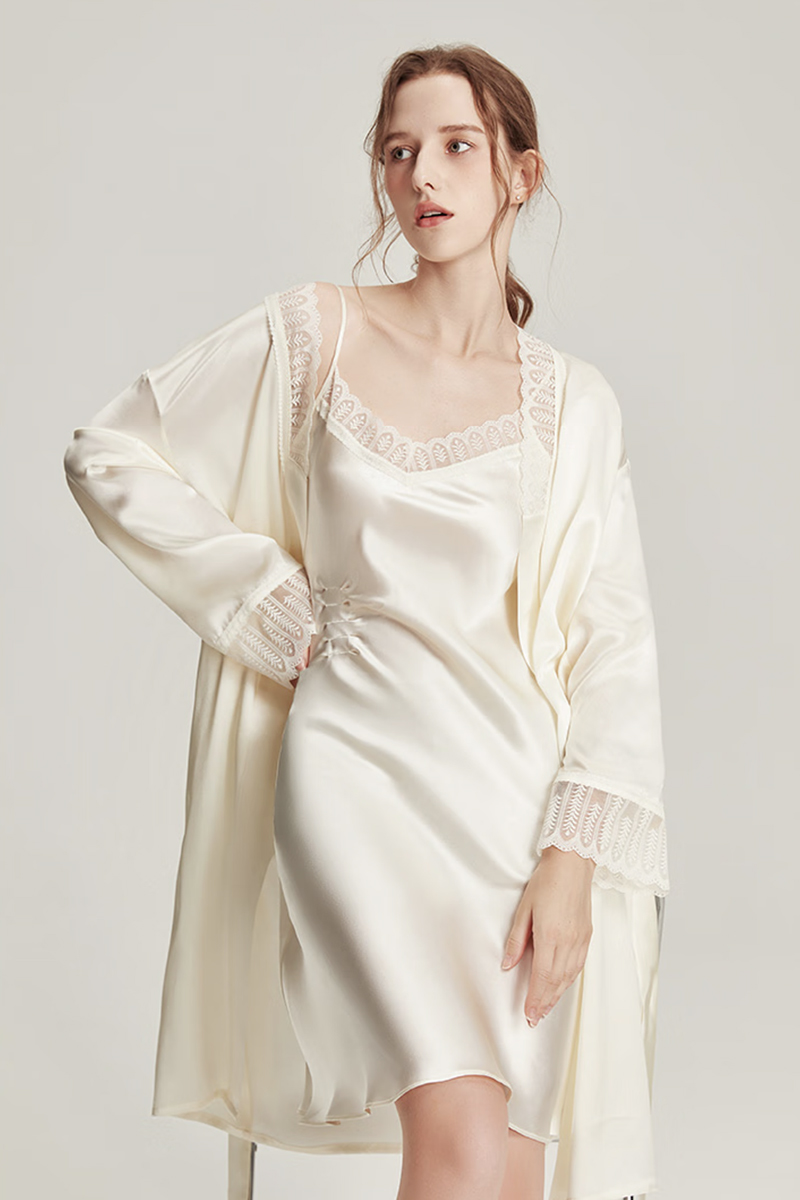 100% Mulberry Silk Elegant Silk Morning Robe Set Women Sleepwear