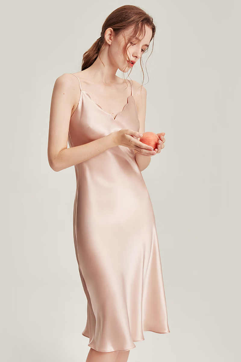 19 Momme Heavy Mulberry Silk  Nightgown Mid-Length Dress Wearable as Evening Gown
