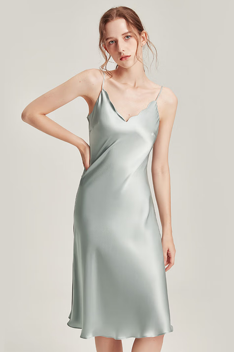 19 Momme Heavy Mulberry Silk  Nightgown Mid-Length Dress Wearable as Evening Gown
