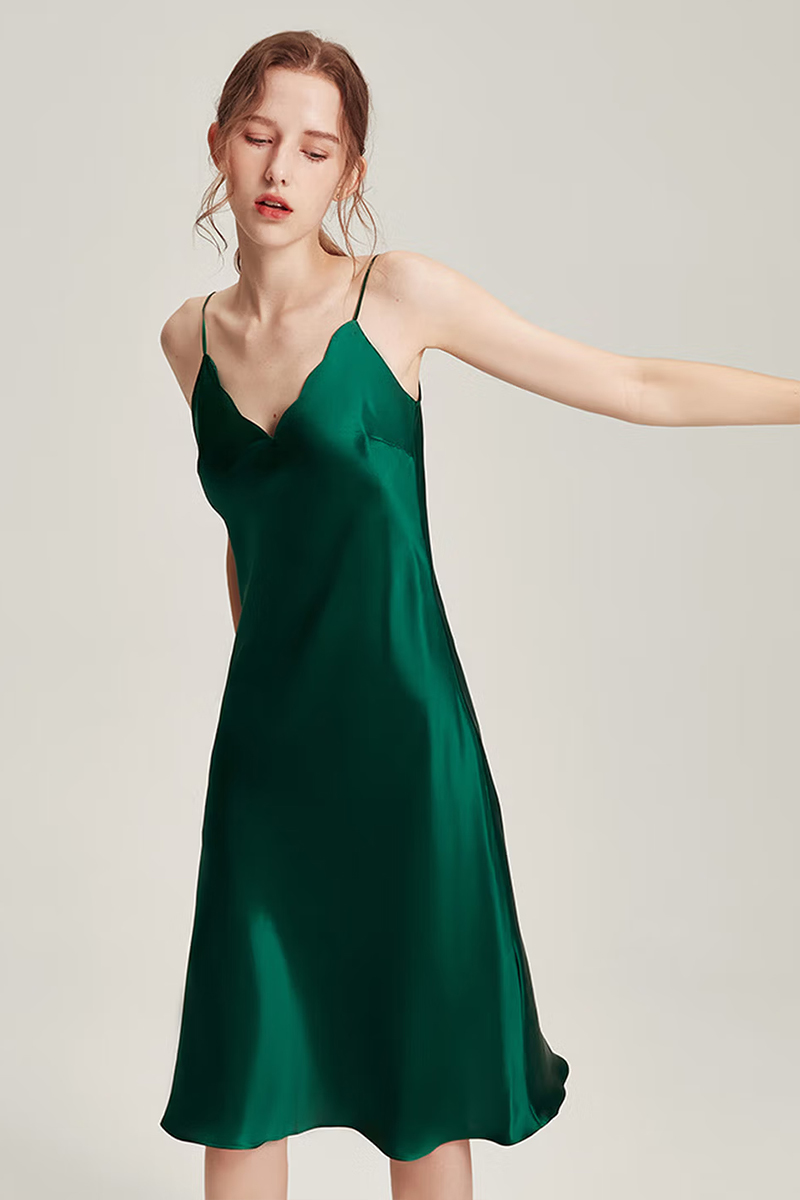 19 Momme Heavy Mulberry Silk  Nightgown Mid-Length Dress Wearable as Evening Gown