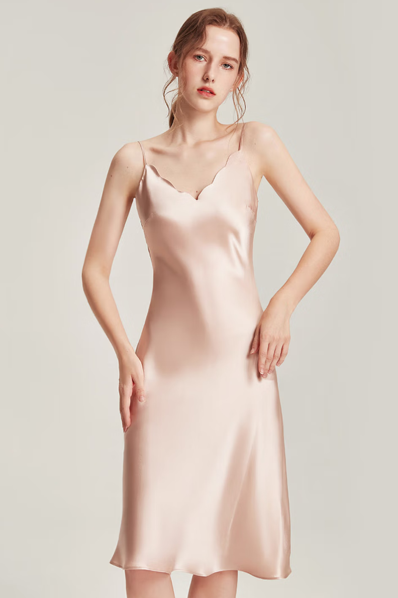 19 Momme Heavy Mulberry Silk  Nightgown Mid-Length Dress Wearable as Evening Gown