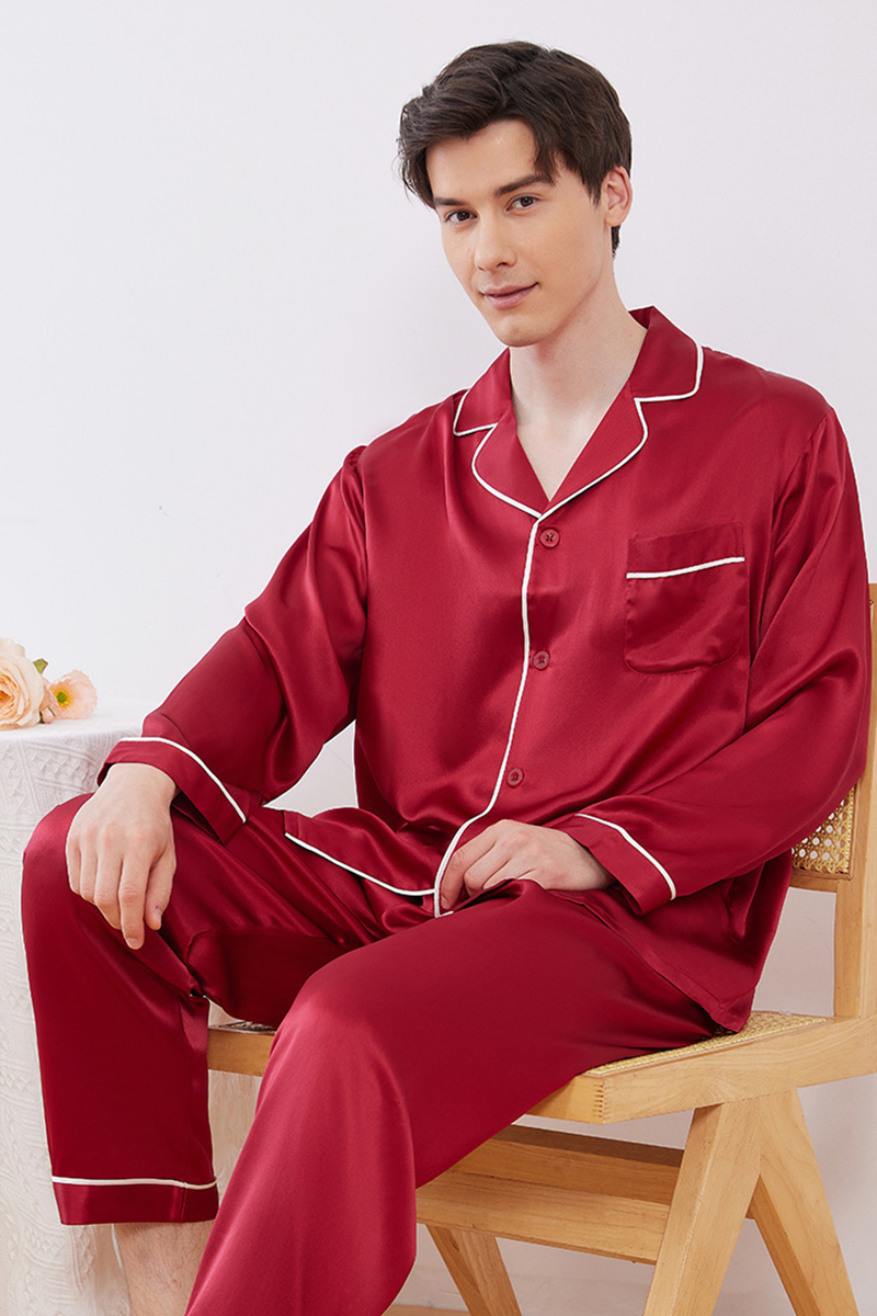 19 Momme Heavy 100% Mulberry Silk Solid Minimalist Pajama Set Luxury Red Matching Loungewear for Men & Women