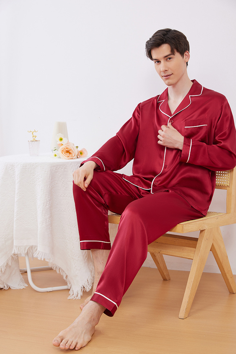 19 Momme Heavy 100% Mulberry Silk Solid Minimalist Pajama Set Luxury Red Matching Loungewear for Men & Women