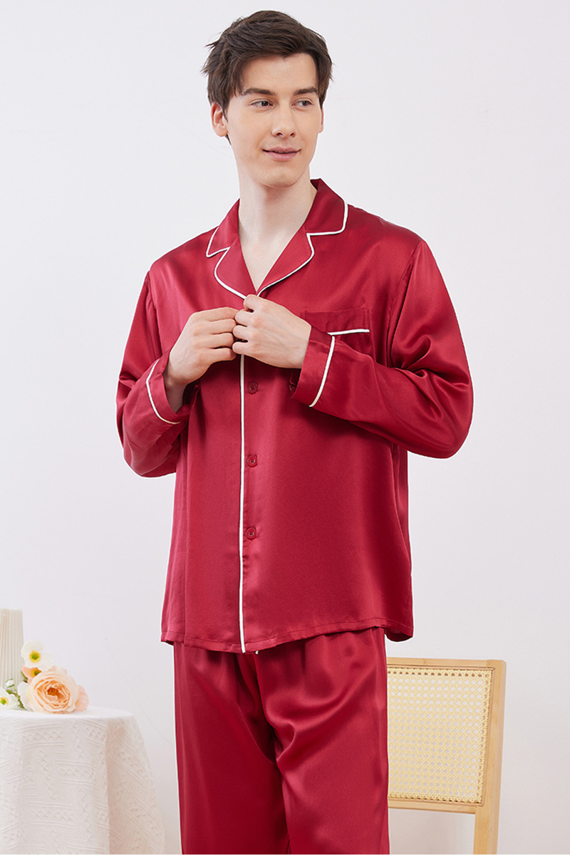 19 Momme Heavy 100% Mulberry Silk Solid Minimalist Pajama Set Luxury Red Matching Loungewear for Men & Women