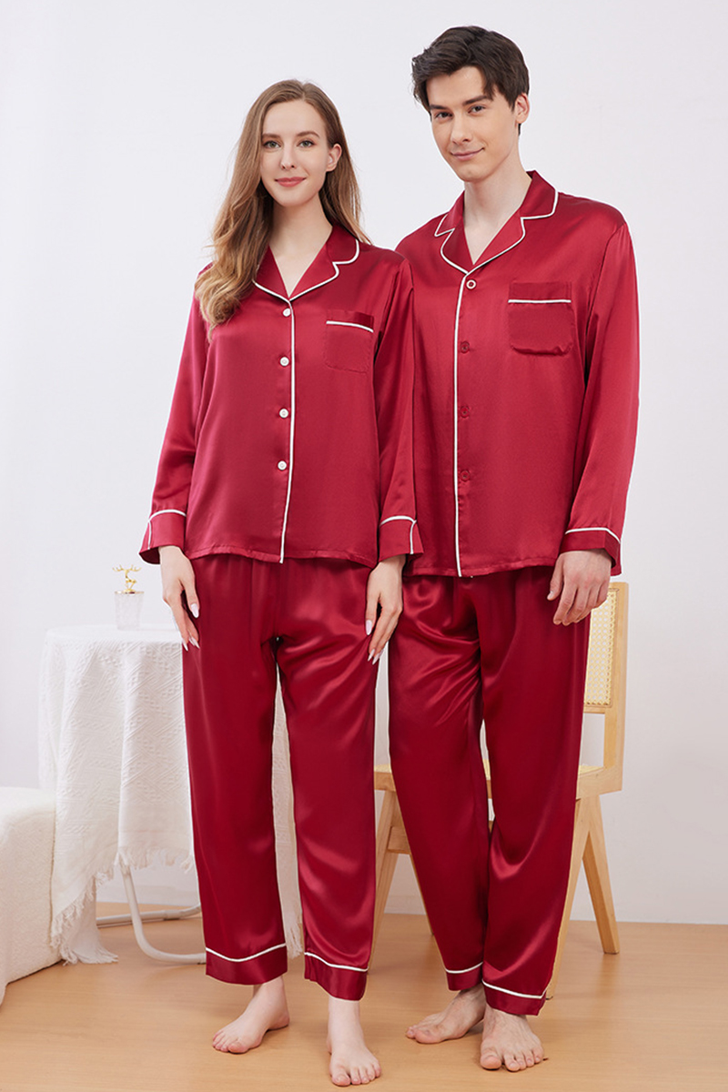 19 Momme Heavy 100% Mulberry Silk Solid Minimalist Pajama Set Luxury Red Matching Loungewear for Men & Women