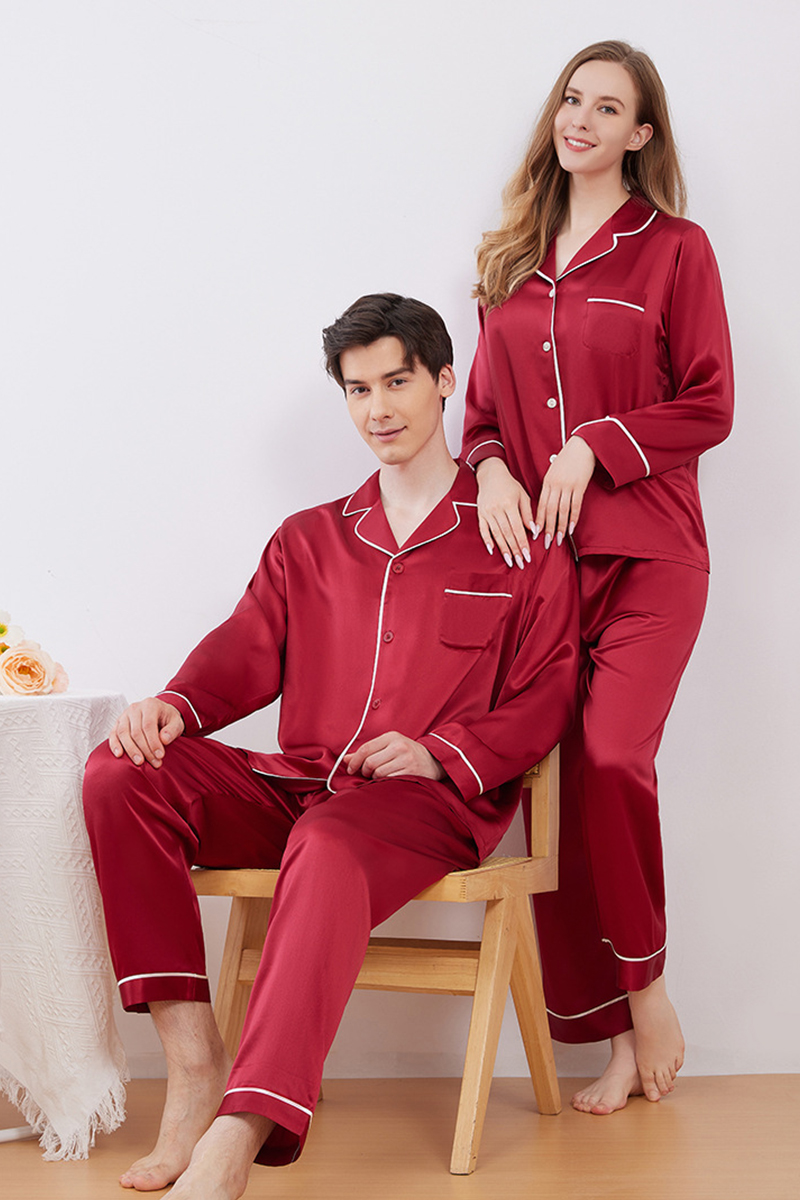 19 Momme Heavy 100% Mulberry Silk Solid Minimalist Pajama Set Luxury Red Matching Loungewear for Men & Women