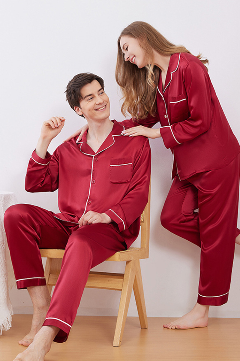19 Momme Heavy 100% Mulberry Silk Solid Minimalist Pajama Set Luxury Red Matching Loungewear for Men & Women