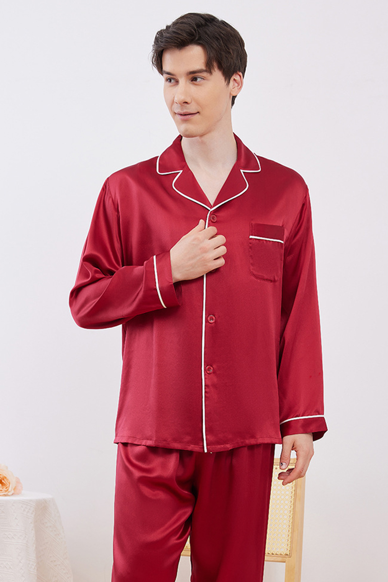 19 Momme Heavy 100% Mulberry Silk Solid Minimalist Pajama Set Luxury Red Matching Loungewear for Men & Women