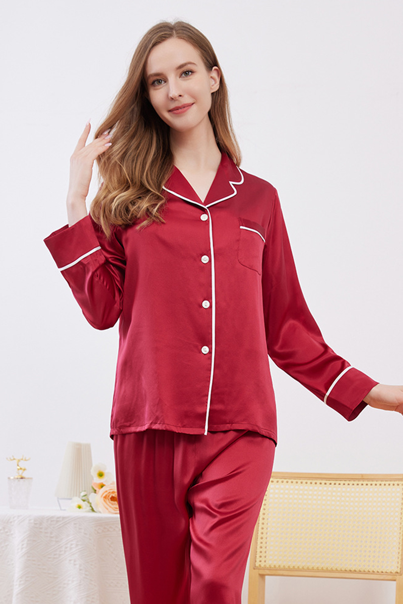 19 Momme Heavy 100% Mulberry Silk Solid Minimalist Pajama Set Luxury Red Matching Loungewear for Men & Women
