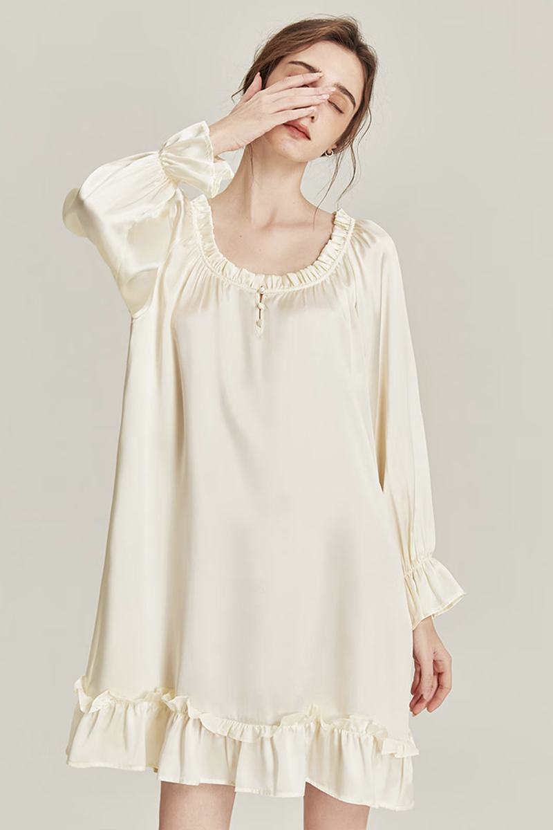 100% Mulberry Silk Long Sleeve Dress Lace Loose Nightgown