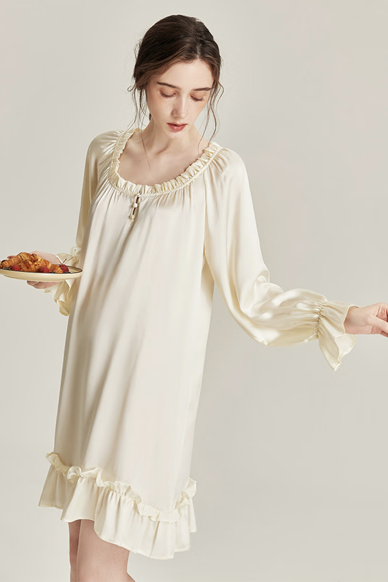 100% Mulberry Silk Long Sleeve Dress Lace Loose Nightgown